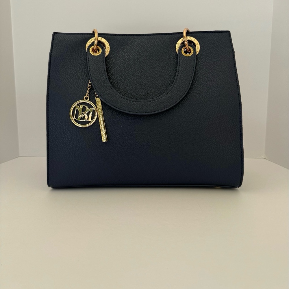 Badgley Mischka Navy Satchel with Gold Accents